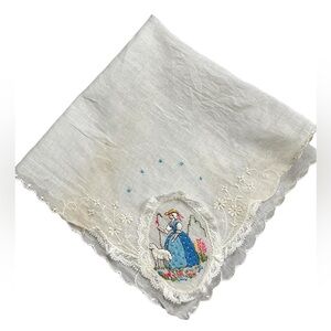 Vintage Delicate Cotton Embroidered Mary Had A Little Lamb Handkerchief